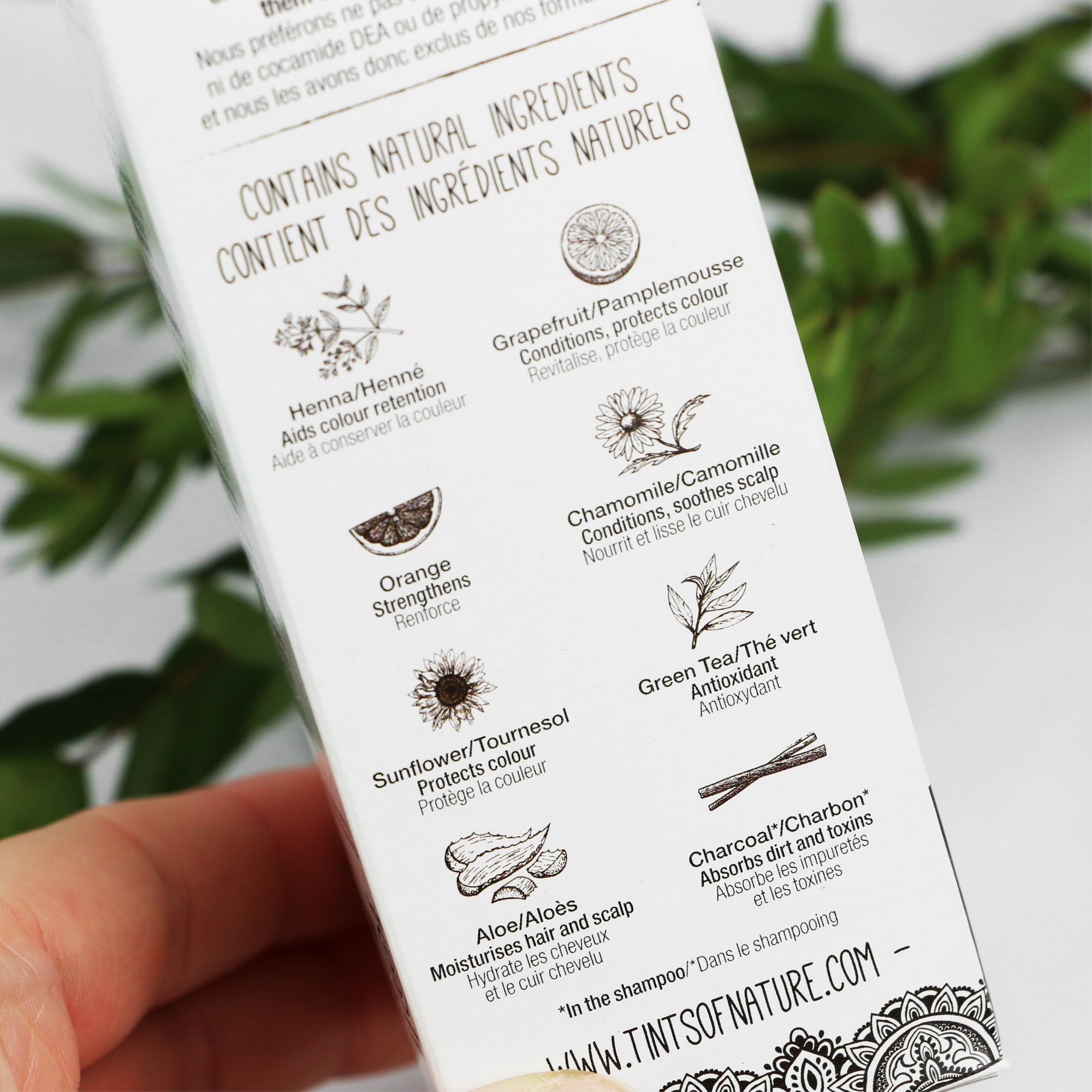 Tints of Nature Henna Cream carton showing a list of natural and organic ingredients
