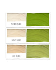 Shade chart showing what Tints of Nature Bold green hair dye looks like on platinum blonde, bright blonde and light blonde hair swatches. 