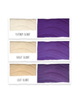 Shade chart showing what Tints of Nature Bold purple hair dye looks like on platinum blonde, bright blonde and light blonde hair swatches. 